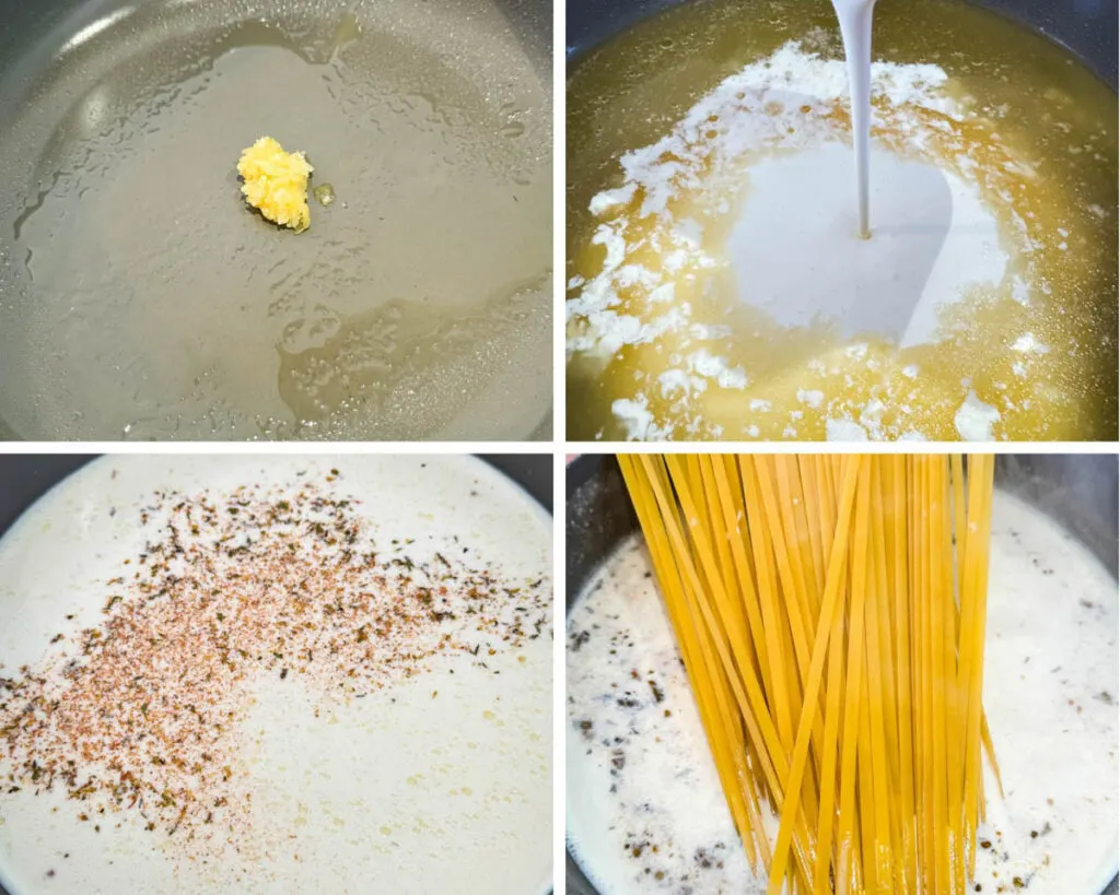 collage of 4 photos with garlic, homemade Alfredo sauce, and pasta in a skillet