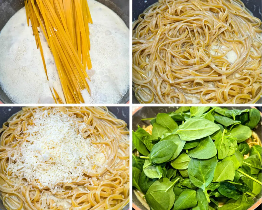 pasta, alfredo, and spinach in a skillet