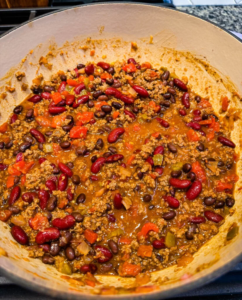 beef taco chili in a Dutch oven