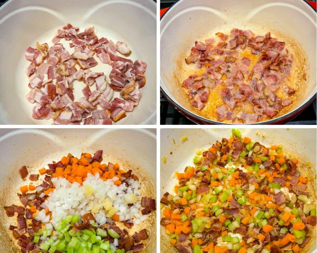 cooked bacon and diced vegetables in a Dutch oven