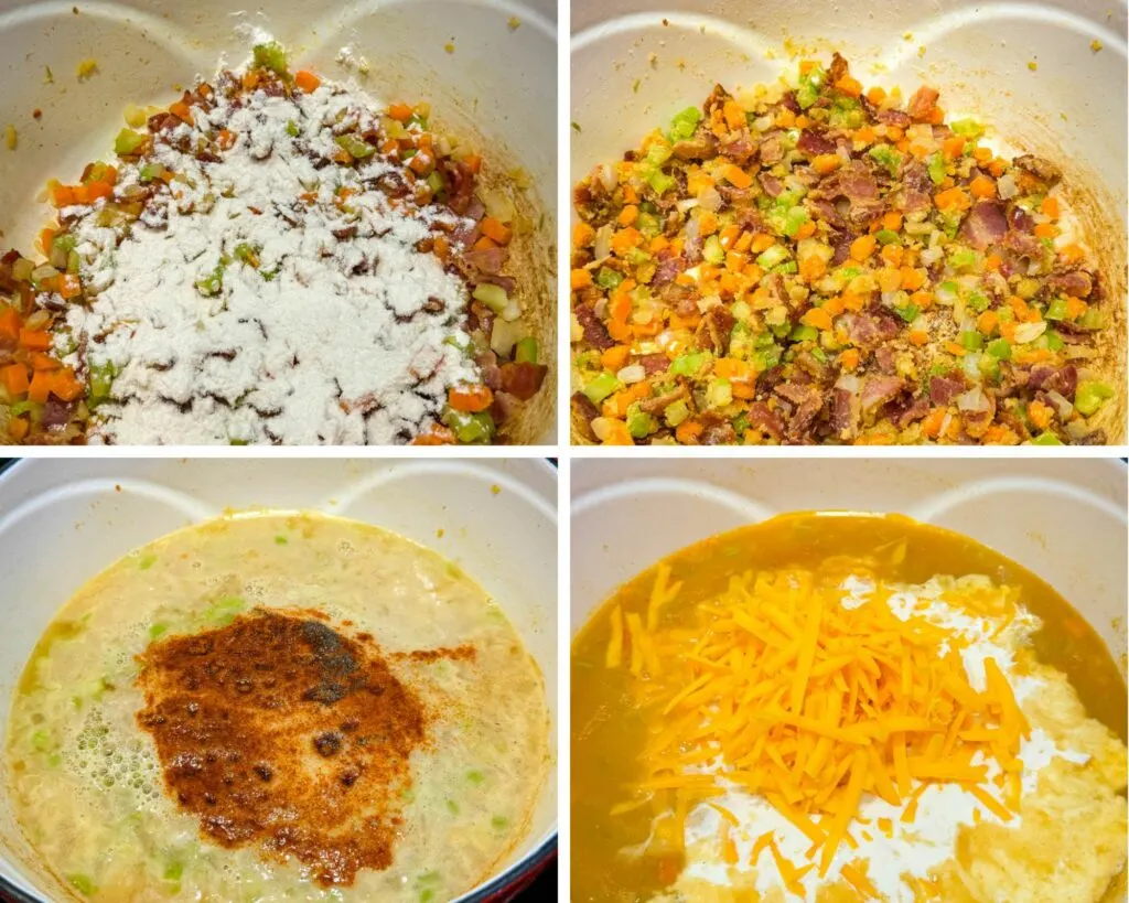 diced vegetables and flour in a Dutch oven with broth and beer