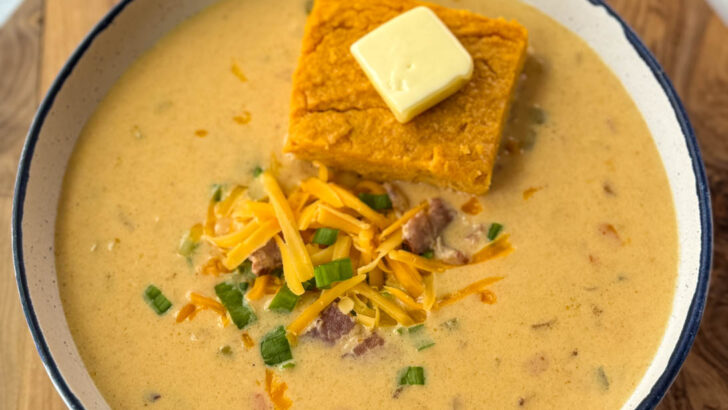 beer cheese soup with bacon, shredded cheese, green onions, and a slice of sweet potato cornbread in a white bowl