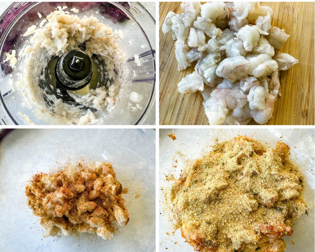 collage of 4 photos with diced shrimp in a food processor and in a glass bowl with eggs and breadcrumbs