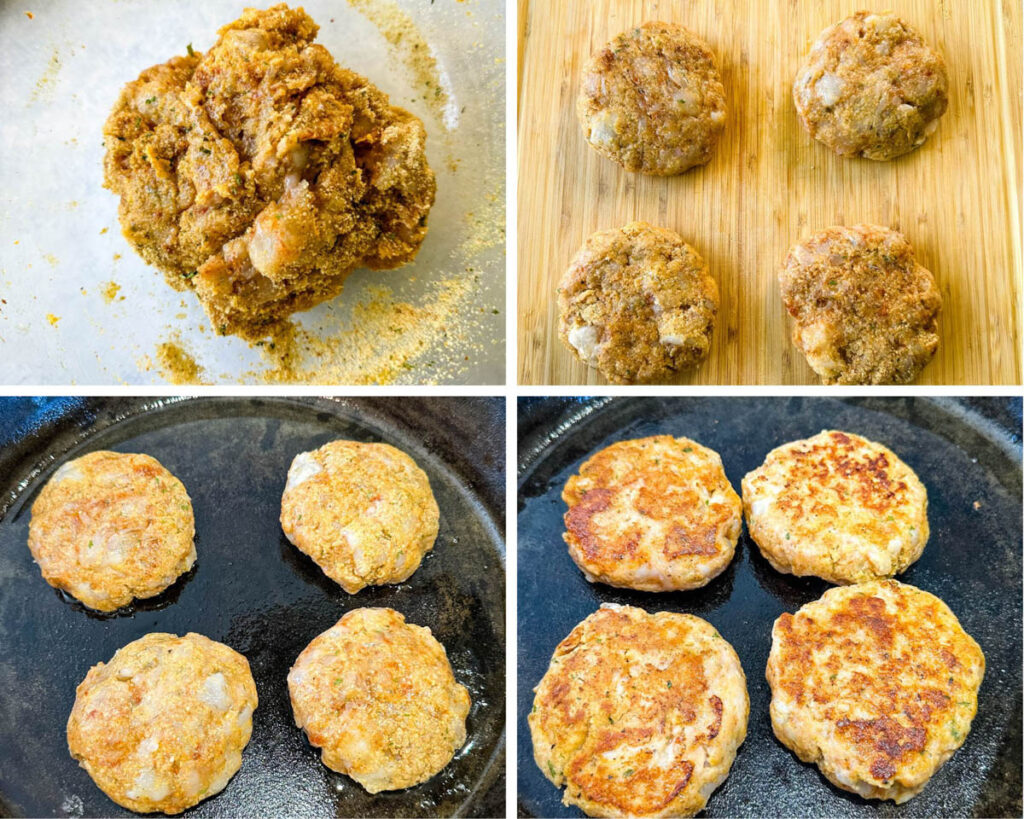 collage of 4 photos with uncooked shrimp burger patties on a cutting board and in a cast iron skillet