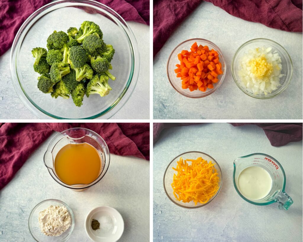 collage of 4 photos with fresh broccoli, diced carrots, diced onions, garlic, broth, flour, grated cheddar, salt, pepper, and heavy whipping cream in separate bowls