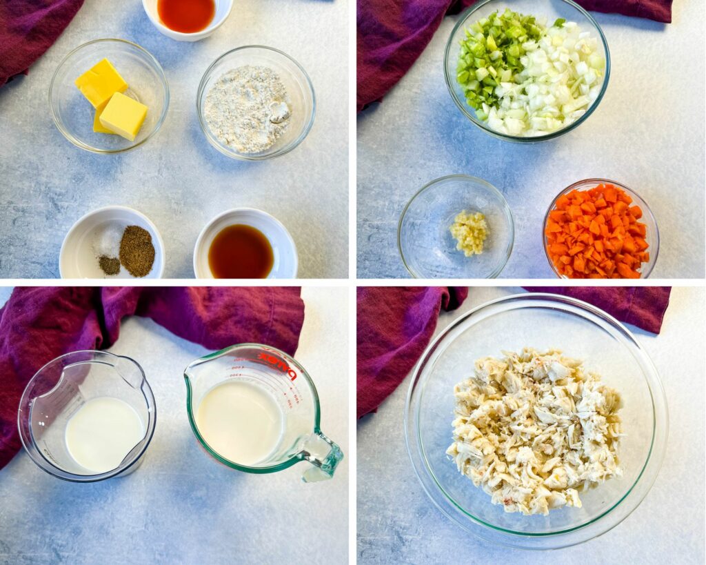 fresh chopped celery, onions, carrots, garlic, hot sauce, worcestershire sauce, butter, flour, Old Bay seasoning, salt, jumbo lump crab meat in separate glass bowls