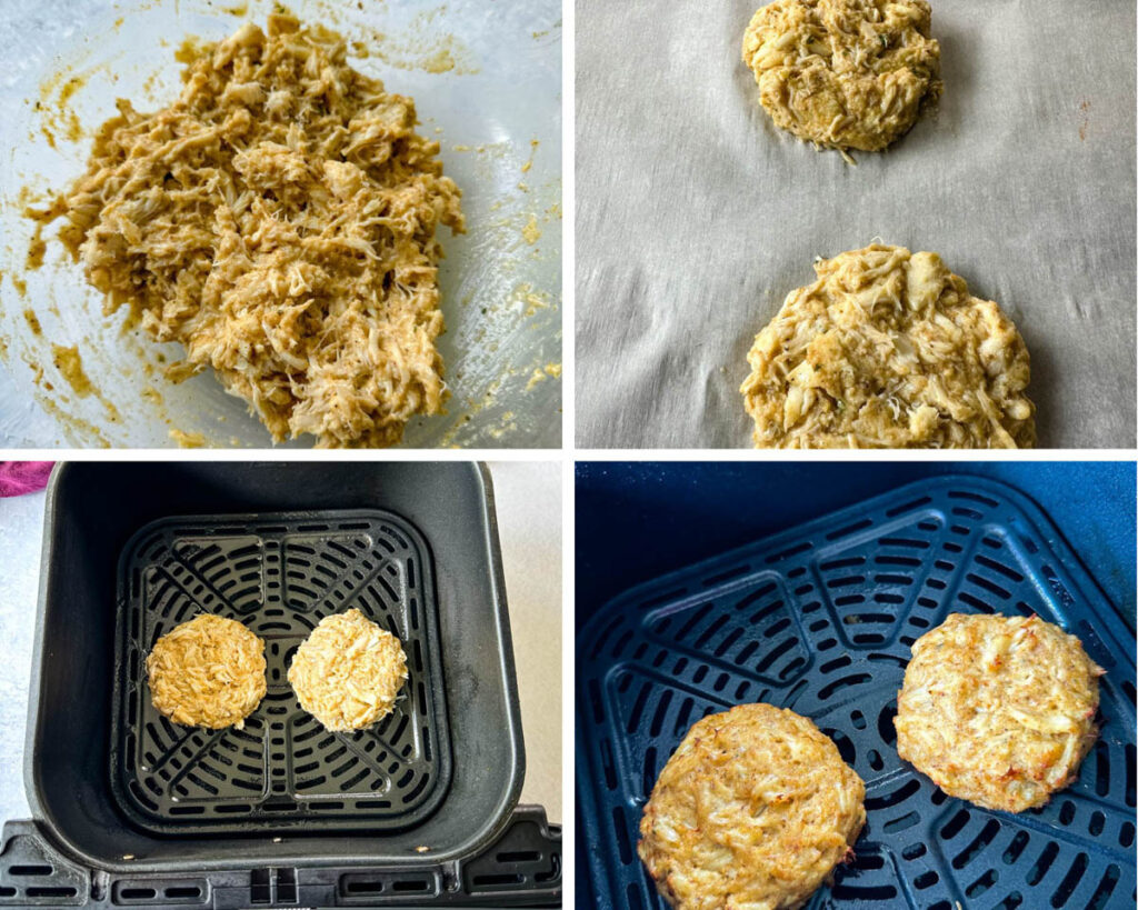 crab cakes on parchment paper sheet pan and in an air fryer