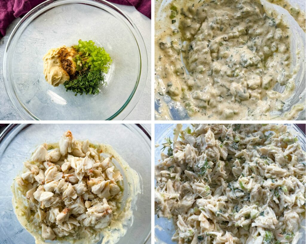 collage of 4 photos with lump crab, mayo, lemon, basil, and dill in a glass bowl