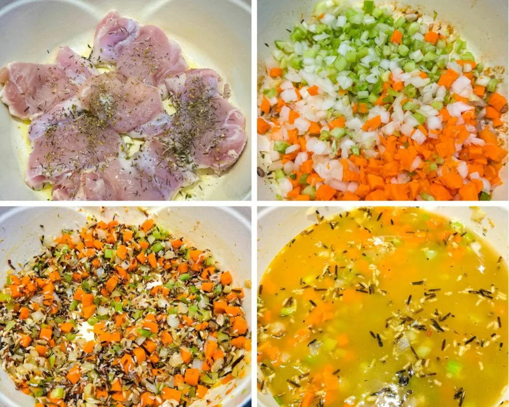 collage of 4 photos with chicken, carrots, onions, and celery in a Dutch oven on the stove