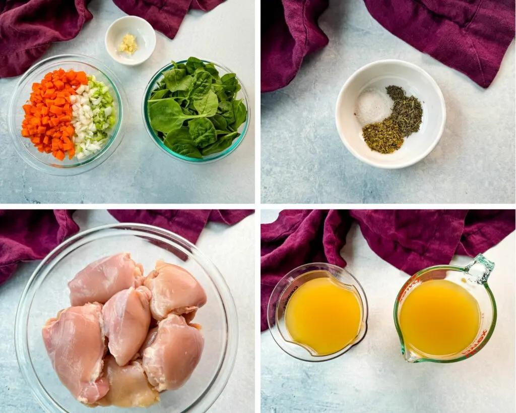 collage of 4 photos with carrots, onions, celery, garlic, skinless chicken thighs, spices, and broth in separate bowls