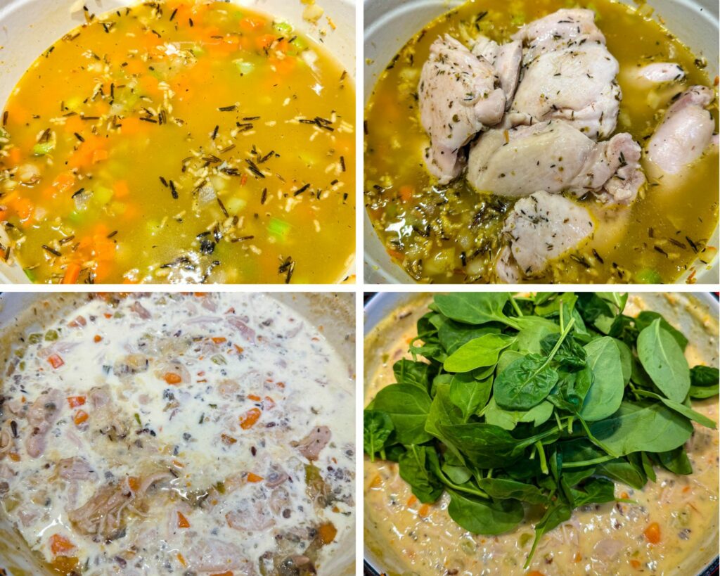 collage of 4 photos with chicken soup with wild rice in a Dutch oven on the stove