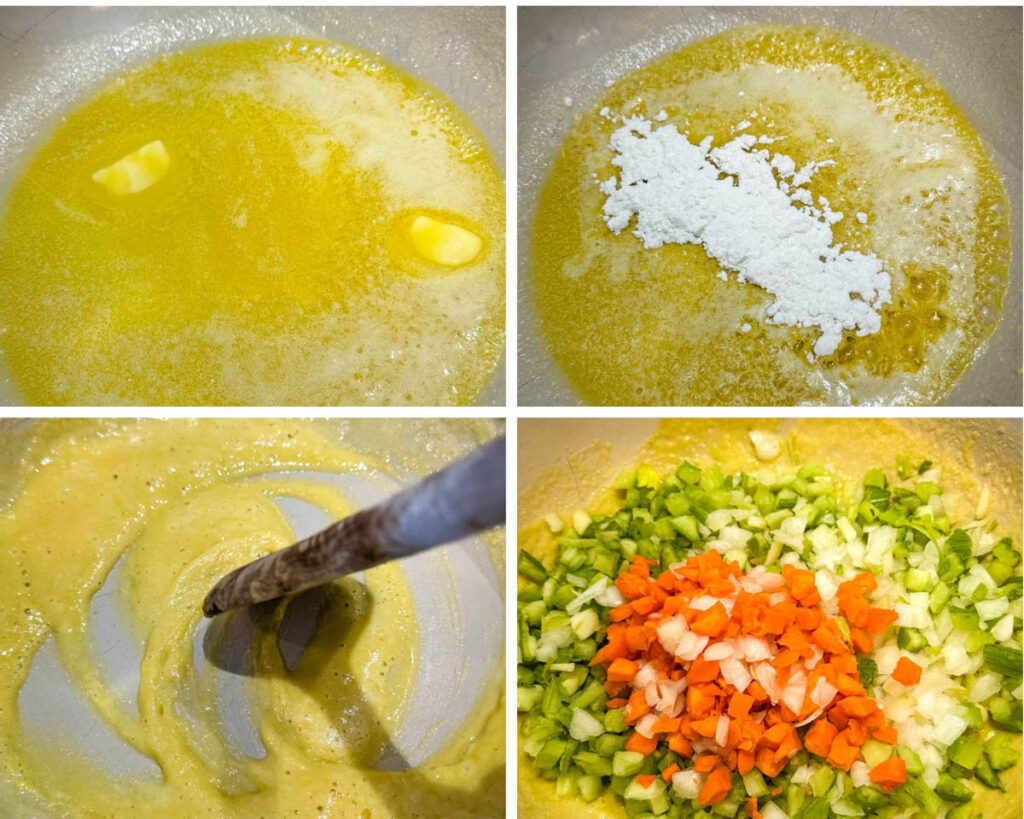 collage of 4 photos with butter and flour roux along with mirepoix carrots, celery, and onions