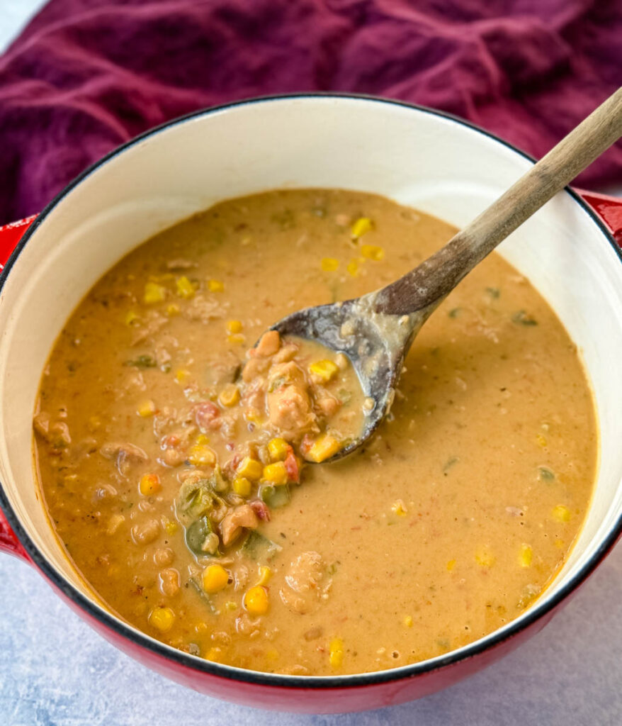 white chicken chili in a red Dutch oven