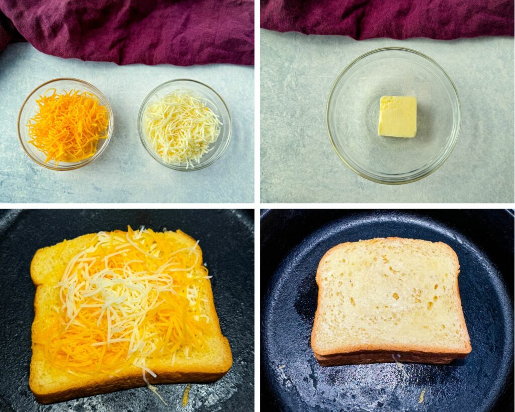 collage of 4 photos with grated cheese, and butter in separate glass bowls and a grilled cheese sandwich in a cast iron skillet