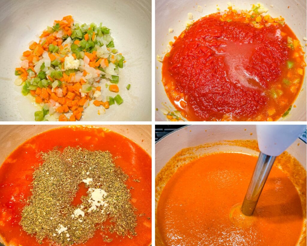 collage of 4 photos with diced carrots, onions, and celery in a Dutch oven with crushed tomatoes