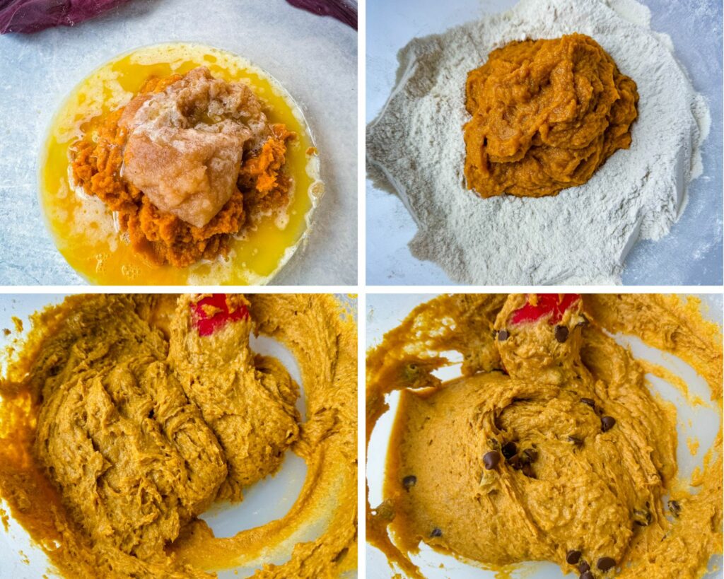 collage of 4 photos with pumpkin protein muffins batter in a large mixing bowl