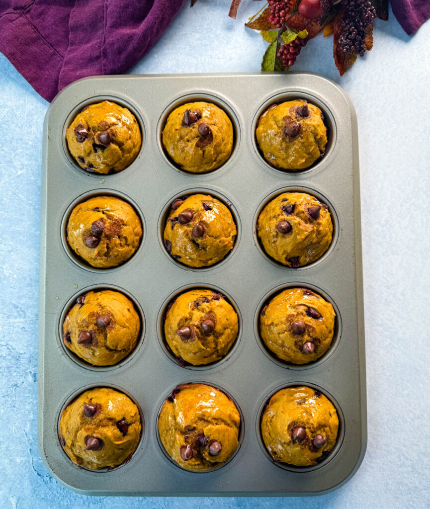 pumpkin protein muffins in a muffin tin