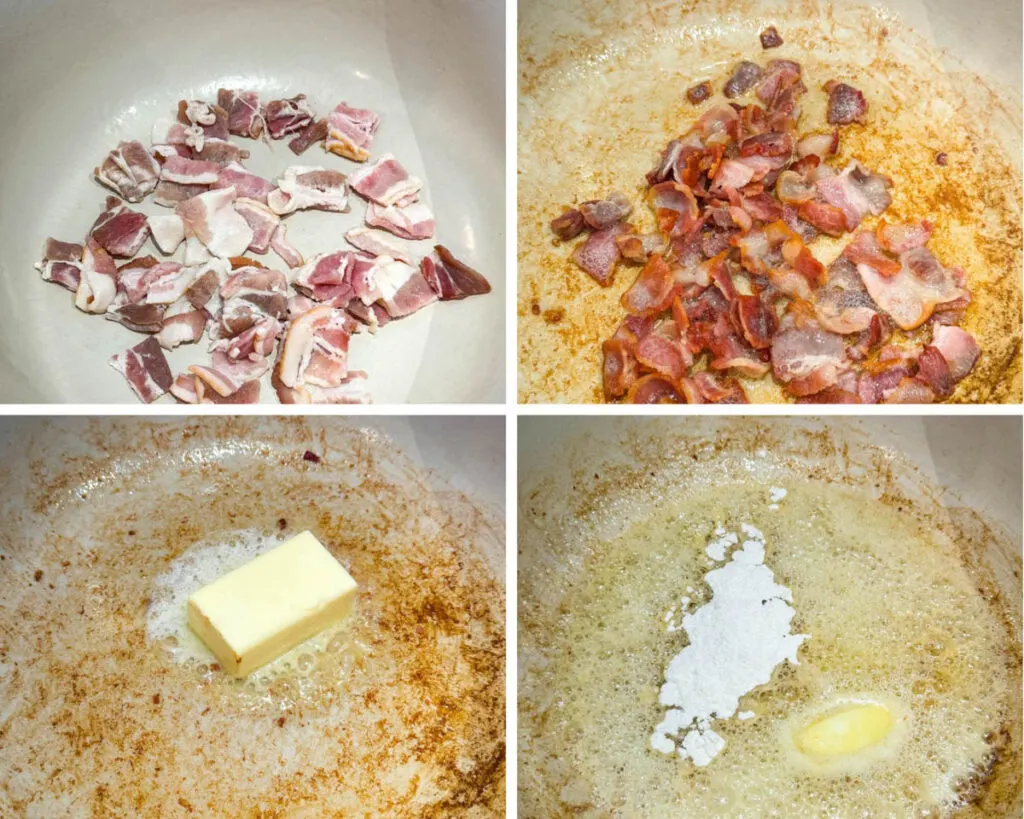 collage of 4 photos with cooked bacon, melt butter, and all purpose flour