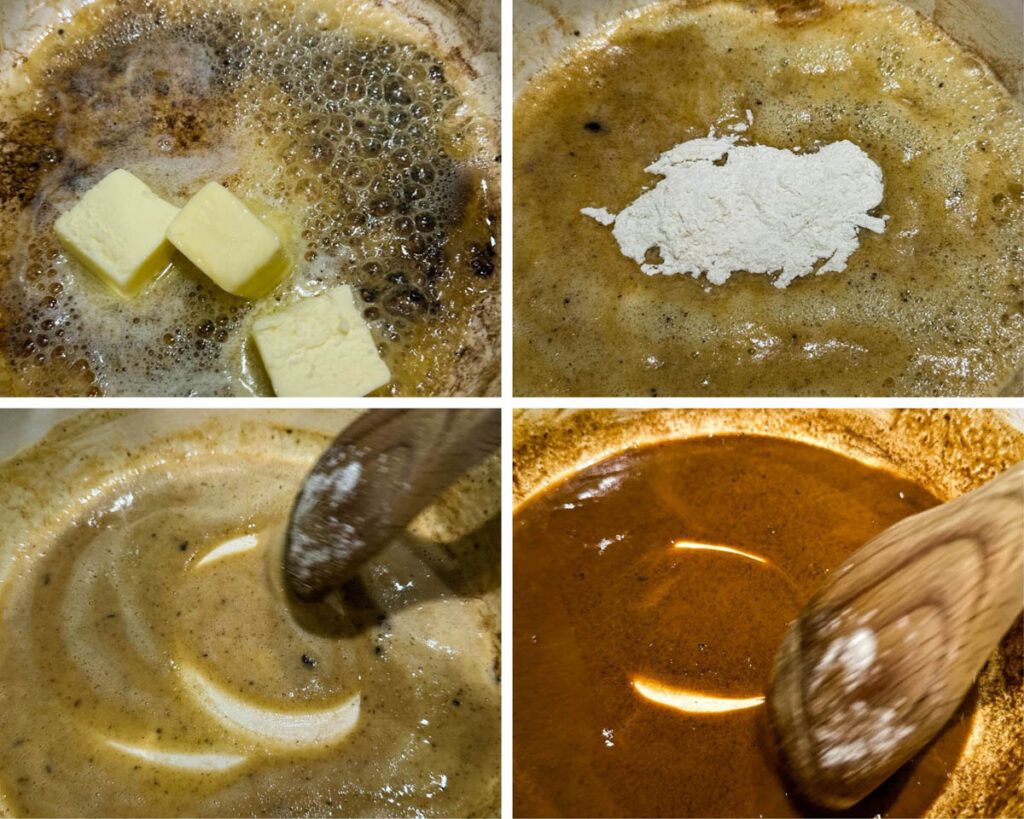 collage of 4 photos with butter and flour in a Dutch oven to create a deep brown roux