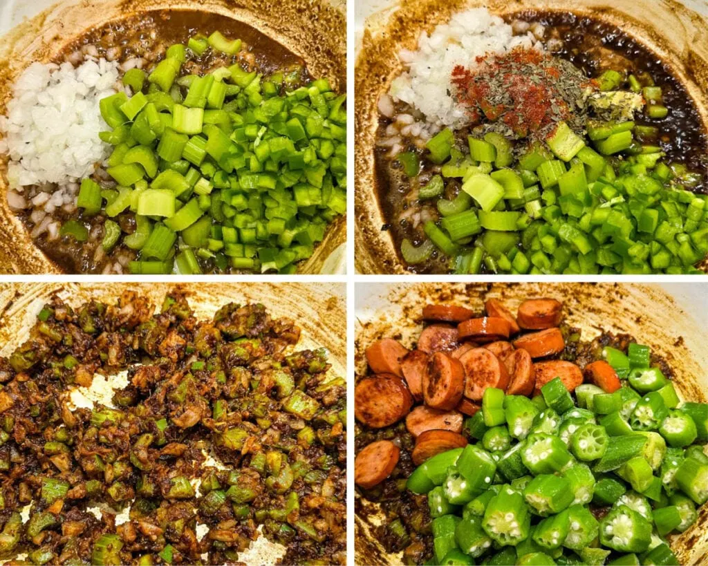 collage of 4 photos with gumbo roux, green peppers, celery, onions, and spices in a Dutch oven