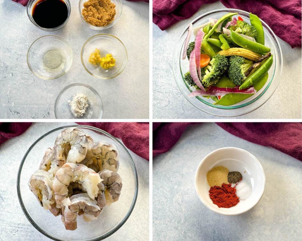 fresh stir fry vegetables, soy sauce, brown sugar, rice vinegar, minced garlic, minced ginger, raw shrimp, spices, and cornstarch in separate glass bowls