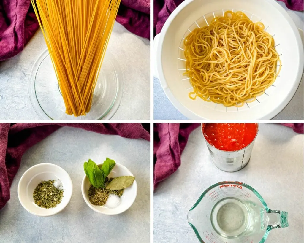 spaghetti pasta, spices, herbs, white wine, and crushed tomatoes in separate bowls