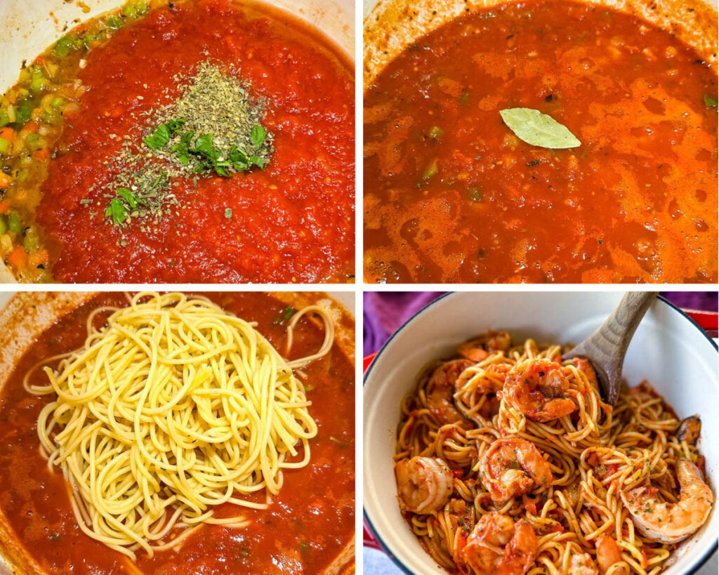 collage of 4 photos with marinara sauce cooked in a pot with spaghetti pasta