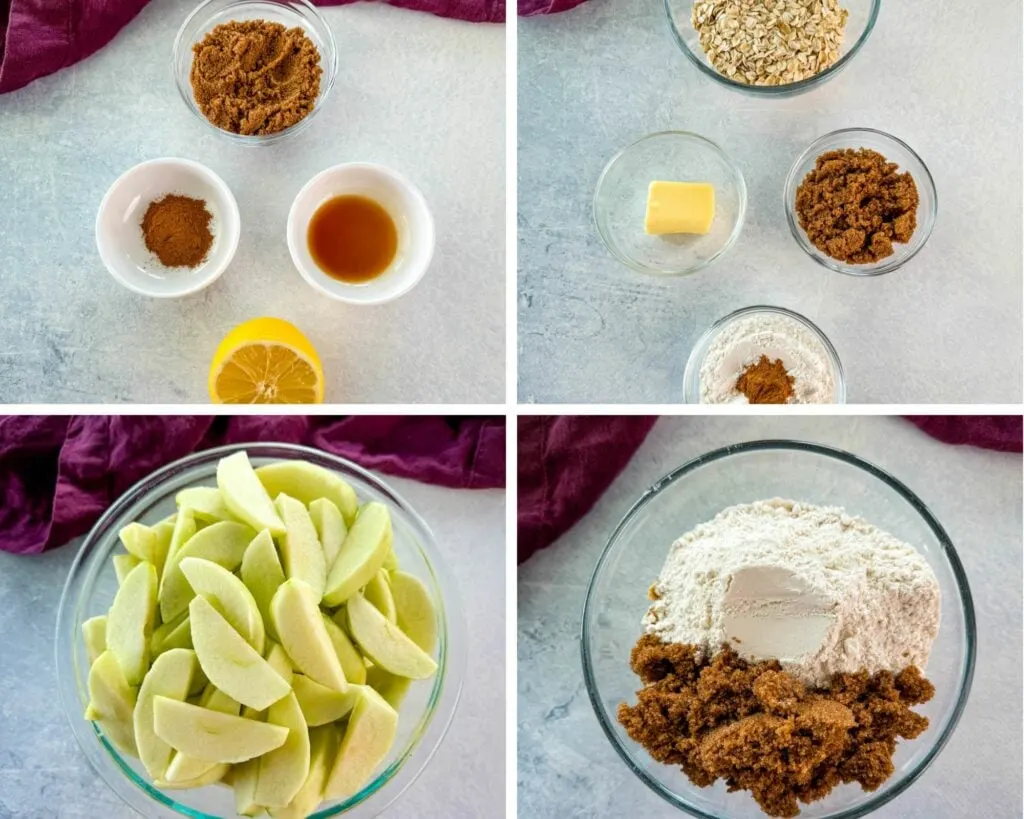 brown sugar, sliced apples, cinnamon, lemon juice, oats, vanilla, and flour in separate glass bowls