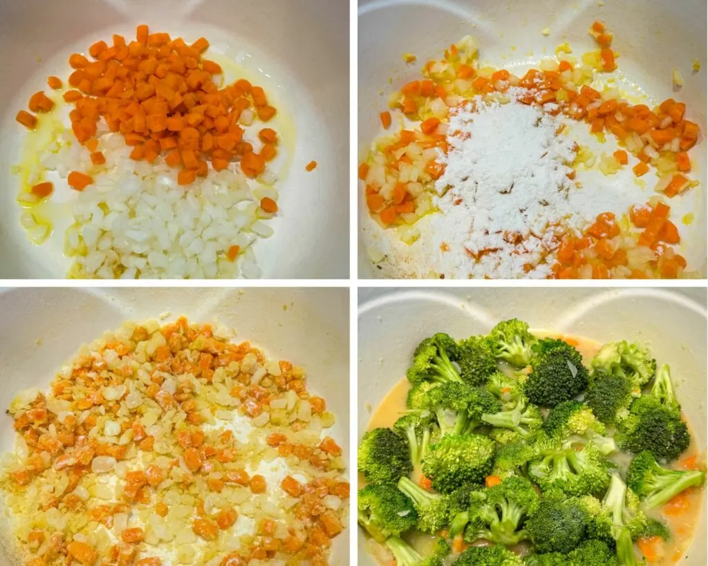 diced carrots and onions in a Dutch oven along with broccoli florets and broth