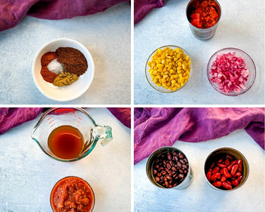 spices, canned tomatoes, corn, diced onions, salsa, corn, and canned beans in separate bowls