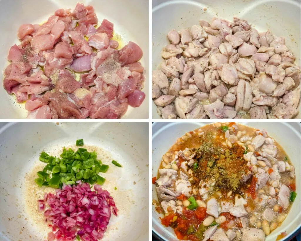 collage of 4 photos with diced, raw chicken, onions, bell peppers, and beans in a Dutch oven