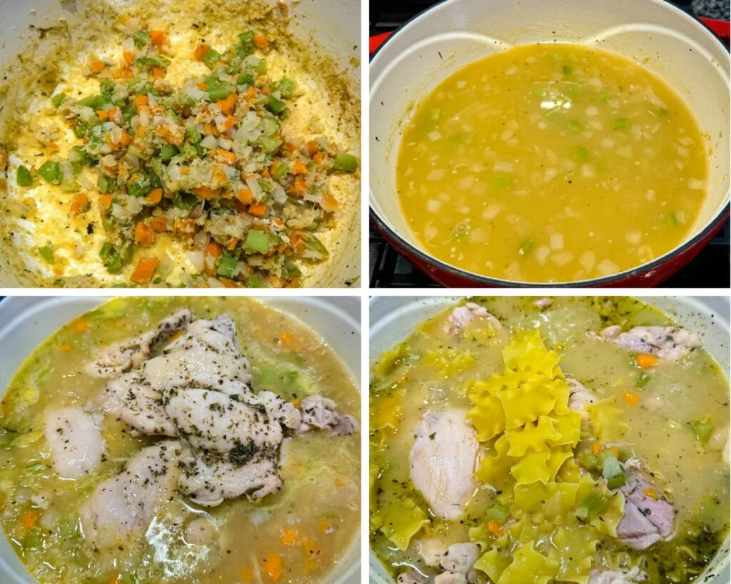 collage of 4 photos with lasagna soup with chicken in a Dutch oven on the stove