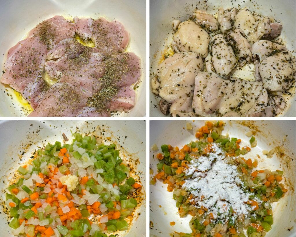 collage of 4 photos with chicken, carrots, onions, and celery in a Dutch oven on the stove