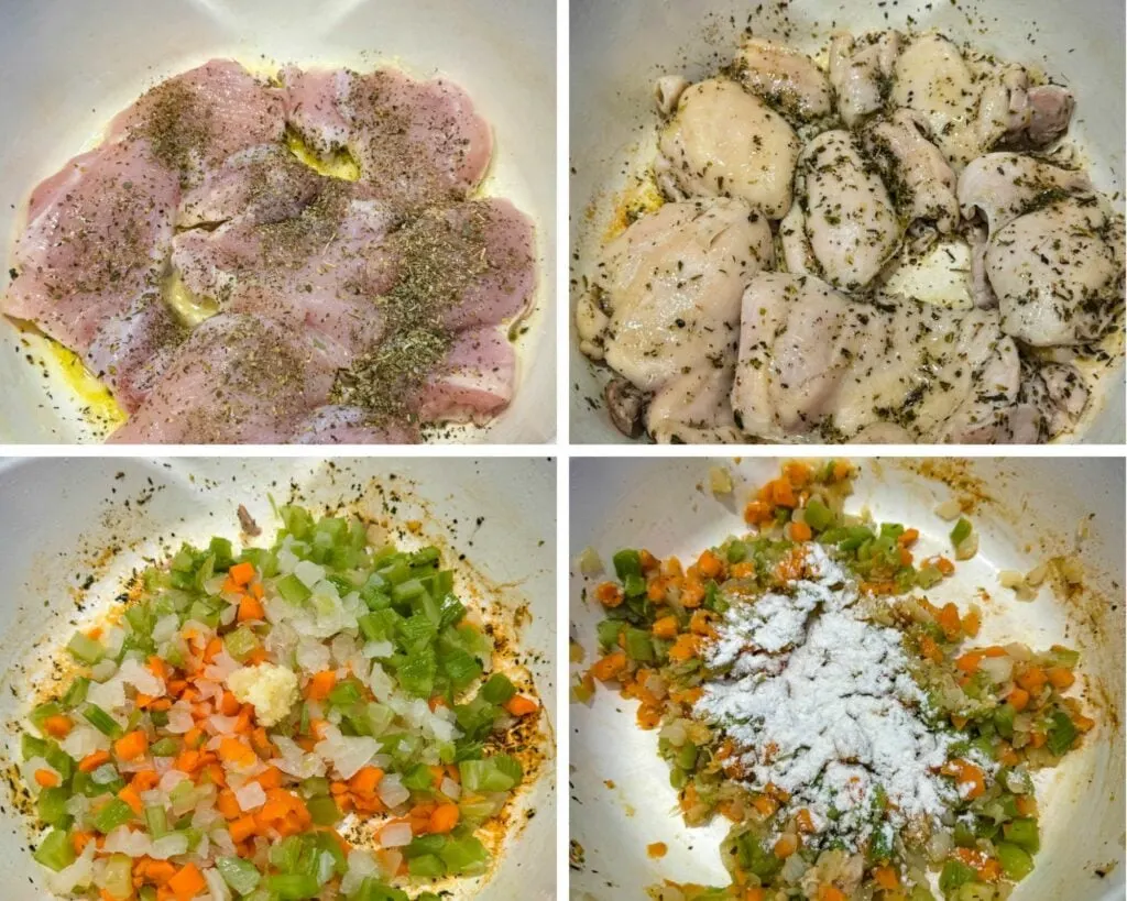 collage of 4 photos with chicken, carrots, onions, and celery in a Dutch oven on the stove