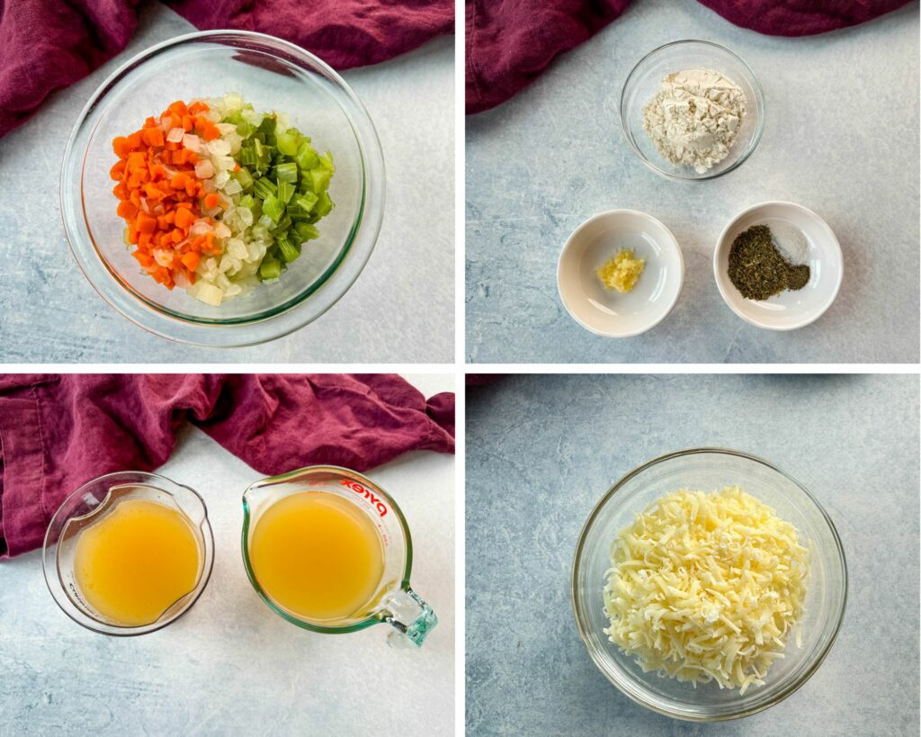 collage of 4 photos with carrots, onions, celery, garlic, grated Parmesan cheese, spices, and broth in separate bowls