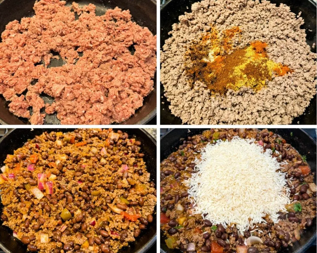 collage of 4 photos with ground beef, spices, and rice in a cast iron skillet