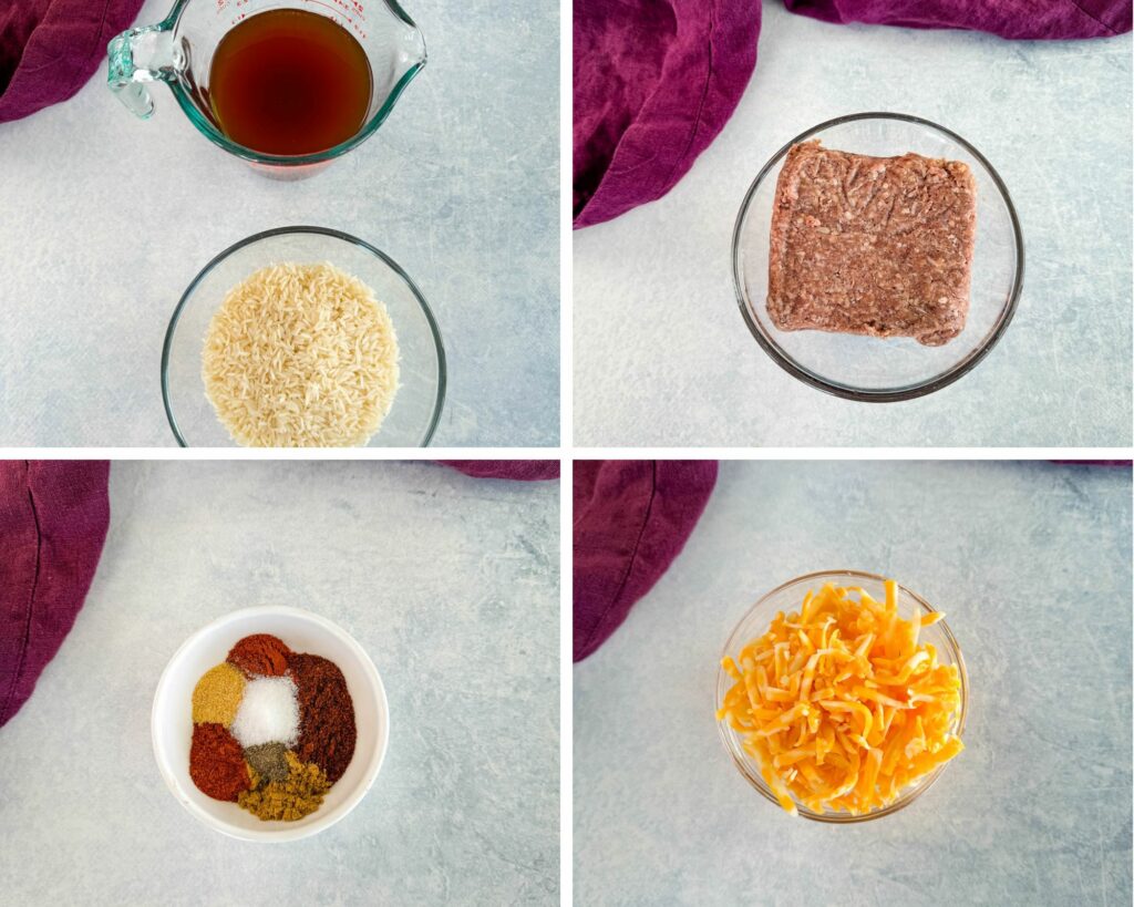 beef broth, rice, raw ground beef, taco seasoning spices, and grated cheese in separate glass bowls