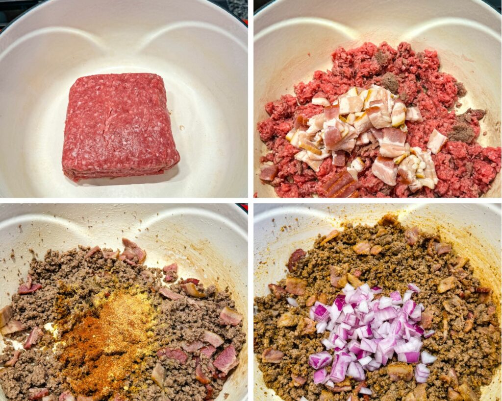 collage of 4 photos with diced ground beef, vegetables, and broth in a Dutch oven