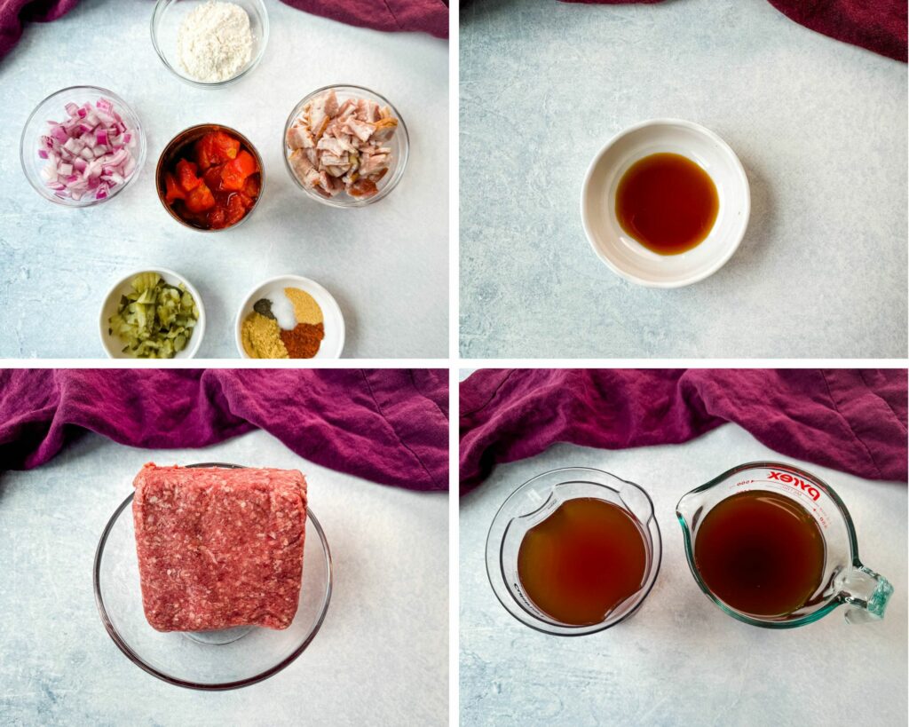 collage of 4 photos with raw ground beef, broth, diced onions, spices, pickles, flour, diced tomatoes and Worcestershire sauce in separate glass bowls