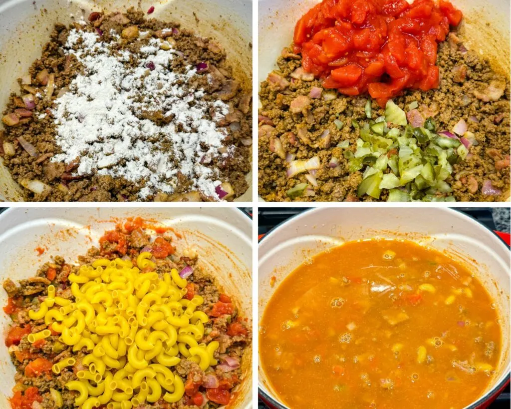 collage of 4 photos with diced ground beef, vegetables, and broth in a Dutch oven