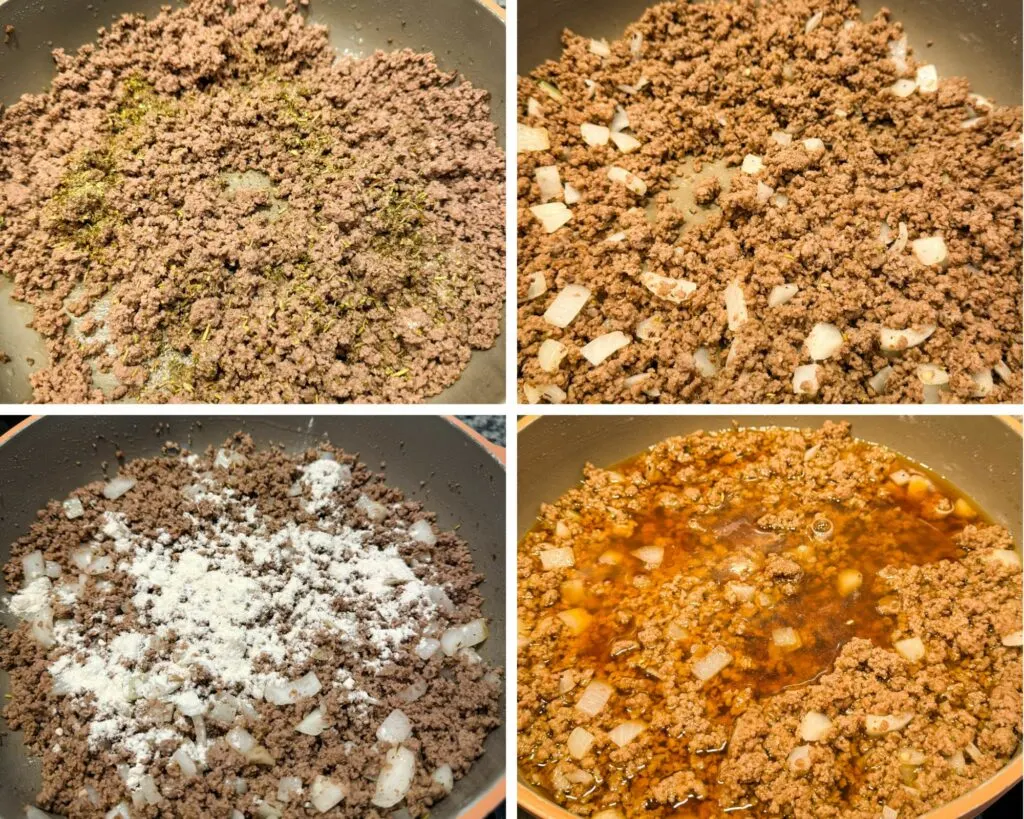 collage of 4 photos with cooked ground beef in a skillet with onions and flour