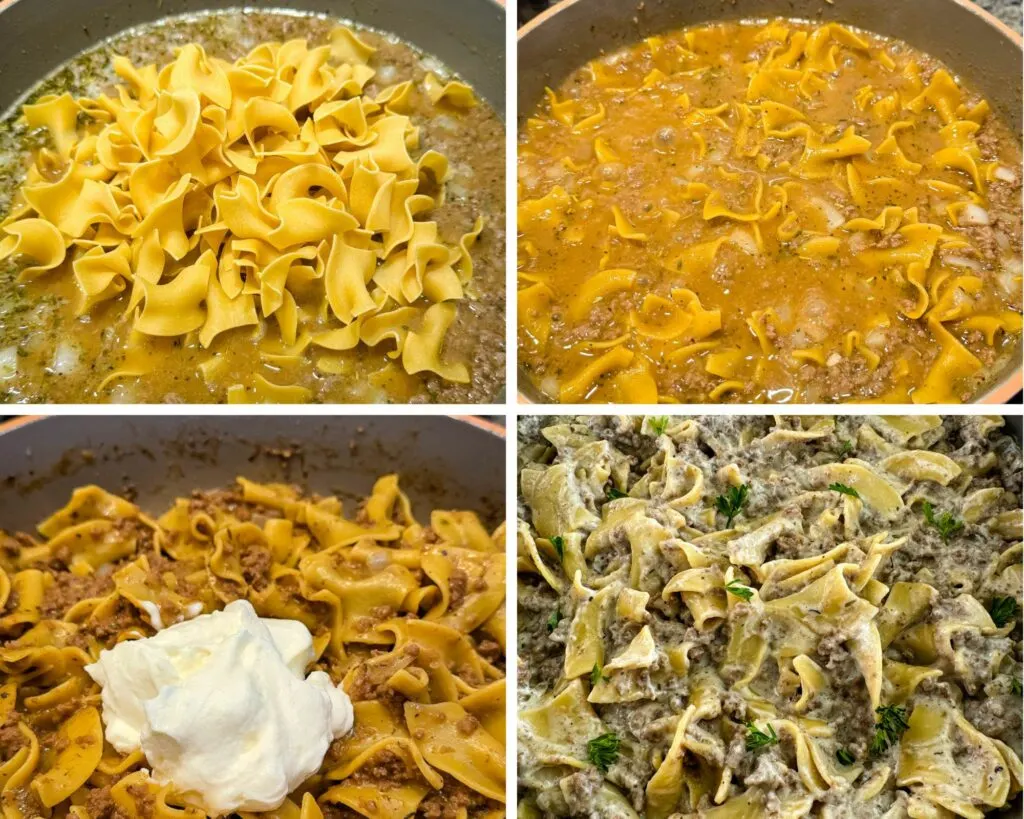 collage of 4 photos with cooked beef and noodles in a skillet