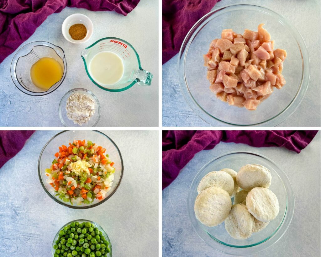 collage of 4 photos with milk, broth, spices, mixed vegetables, garlic, frozen biscuits, and raw diced chicken breasts in separate glass bowls