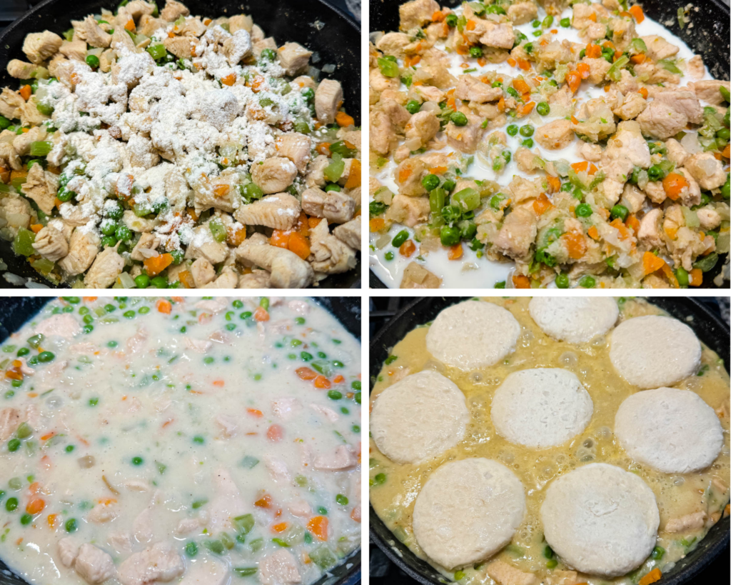 collage of 4 photos with chicken pot pie filling in a cast iron skillet with unbaked biscuits