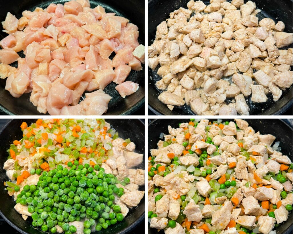 collage of 4 photos with diced chicken breasts and mixed vegetables in a cast iron skillet