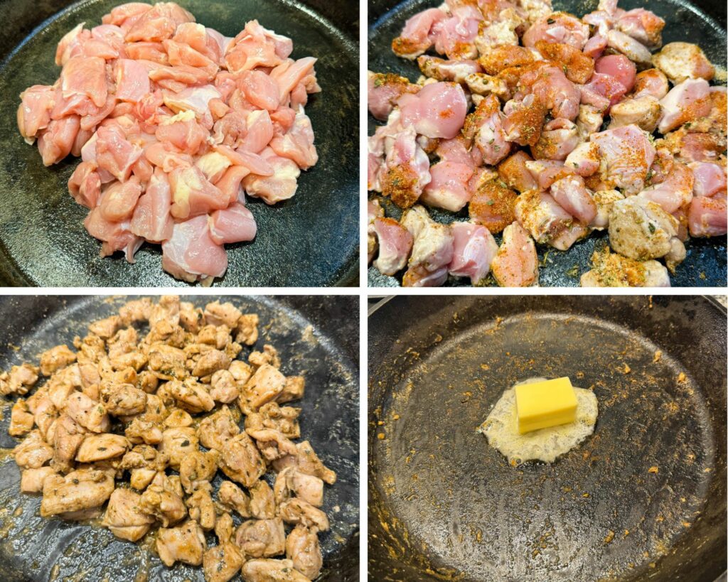 collage of 4 photos with seasoned diced chicken chunks in a cast iron skillet