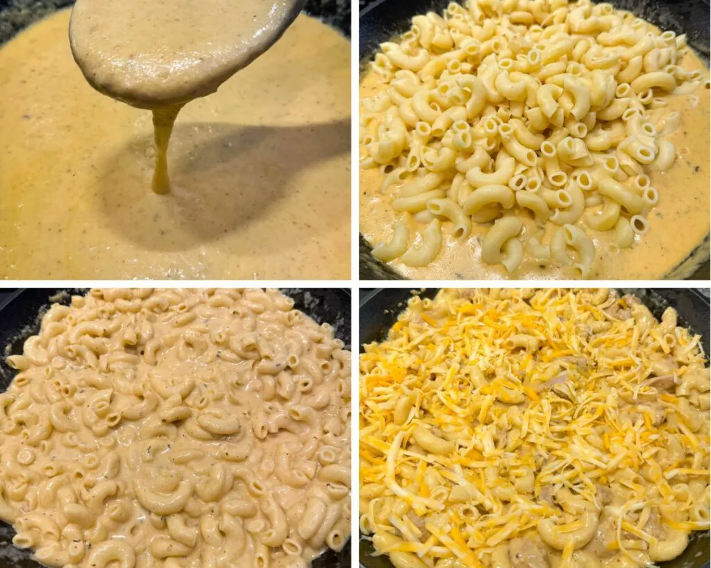 collage of 4 photos with mac and cheese and cheese sauce in a cast iron skillet