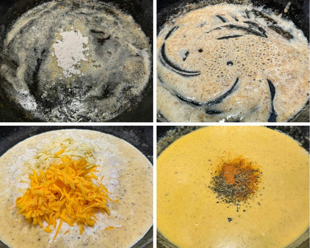 collage of 4 photos with a butter flour roux and cheese cream sauce in a cast iron skillet