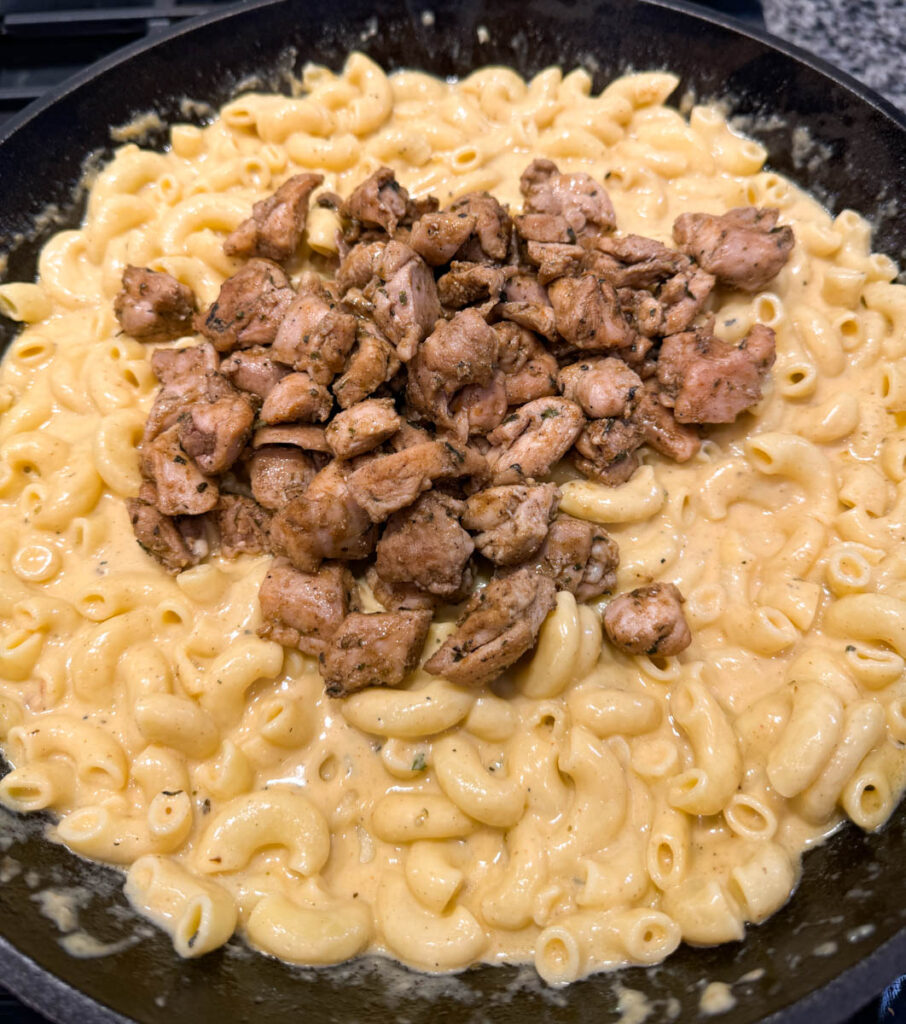 mac and cheese and chunks of chicken in a cast iron skillet