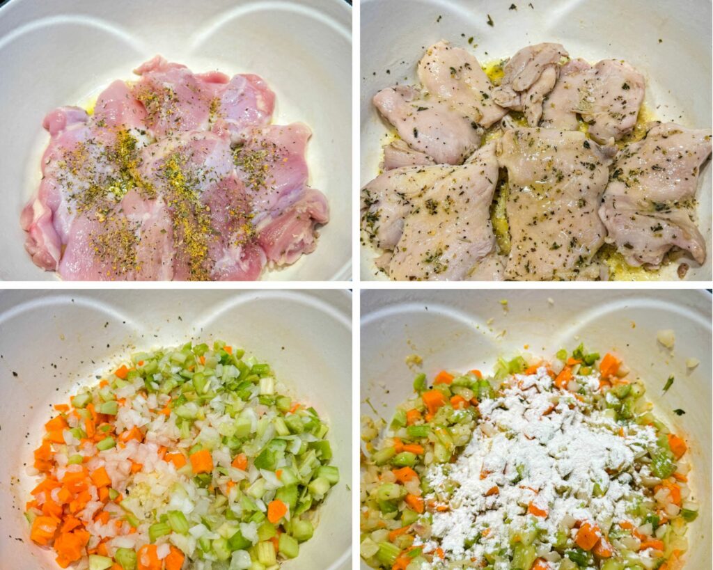 collage of 4 photos with raw chicken thighs, celery, onions, carrots, and flour in a Dutch oven